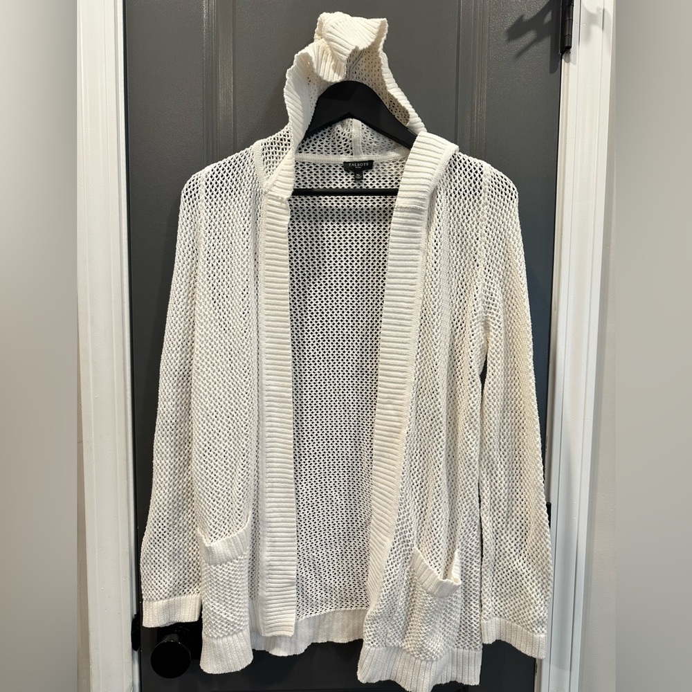 Talbots White Open-Knit Hooded Cardigan- Petite Medium